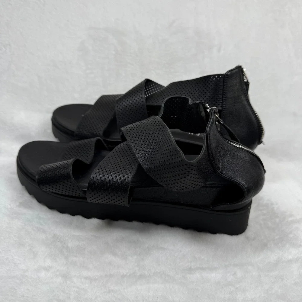 Steven by Steve Madden Kari Black Leather Perforated Platform Sandals Womens 11M
